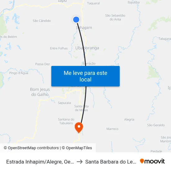Estrada Inhapim/Alegre, Oeste to Santa Barbara do Leste map