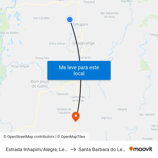 Estrada Inhapim/Alegre, Leste to Santa Barbara do Leste map
