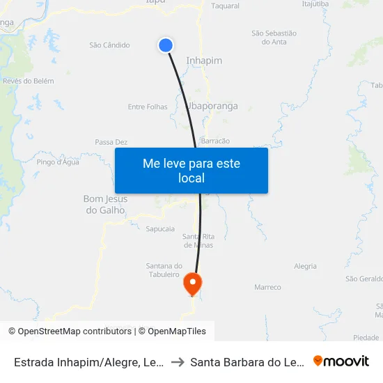 Estrada Inhapim/Alegre, Leste to Santa Barbara do Leste map