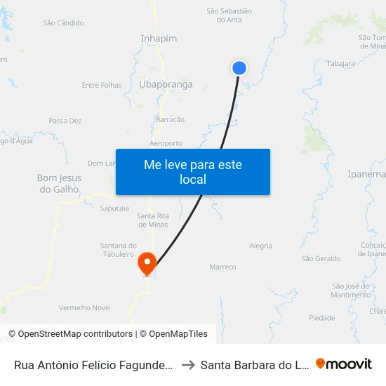 Rua Antônio Felício Fagundes, 460 to Santa Barbara do Leste map