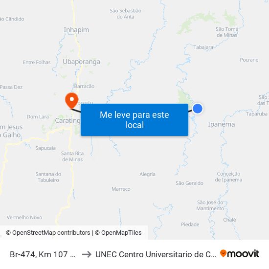 Br-474, Km 107 Oeste to UNEC Centro Universitario de Caratinga map