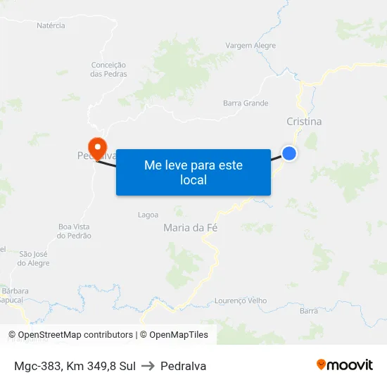 Mgc-383, Km 349,8 Sul to Pedralva map