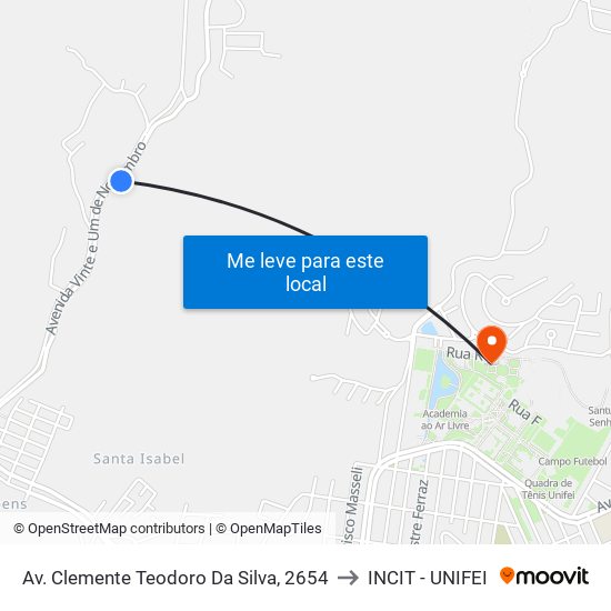 Av. Clemente Teodoro Da Silva, 2654 to INCIT - UNIFEI map