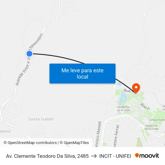 Av. Clemente Teodoro Da Silva, 2485 to INCIT - UNIFEI map