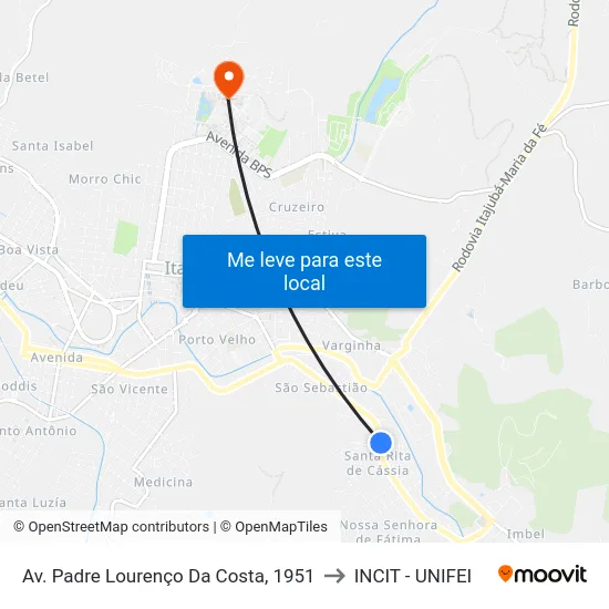 Av. Padre Lourenço Da Costa, 1951 to INCIT - UNIFEI map