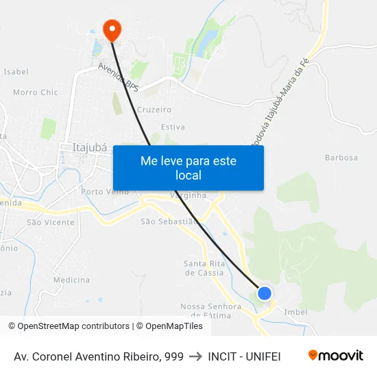 Av. Coronel Aventino Ribeiro, 999 to INCIT - UNIFEI map