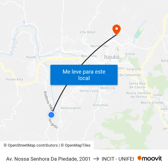 Av. Nossa Senhora Da Piedade, 2001 to INCIT - UNIFEI map