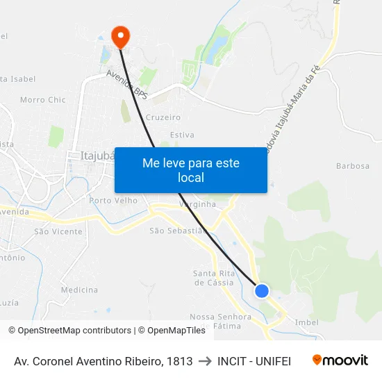 Av. Coronel Aventino Ribeiro, 1813 to INCIT - UNIFEI map