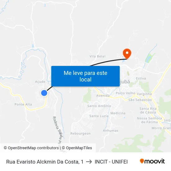 Rua Evaristo Alckmin Da Costa, 1 to INCIT - UNIFEI map