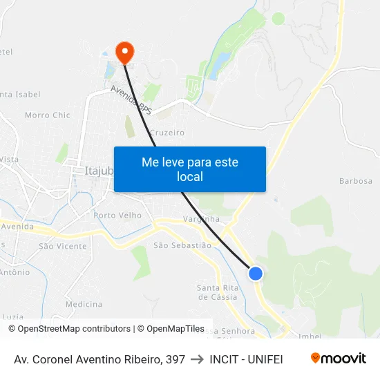 Av. Coronel Aventino Ribeiro, 397 to INCIT - UNIFEI map