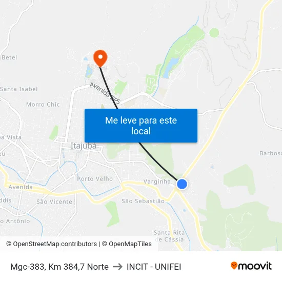 Mgc-383, Km 384,7 Norte to INCIT - UNIFEI map