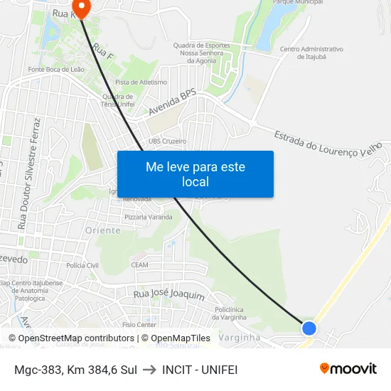 Mgc-383, Km 384,6 Sul to INCIT - UNIFEI map