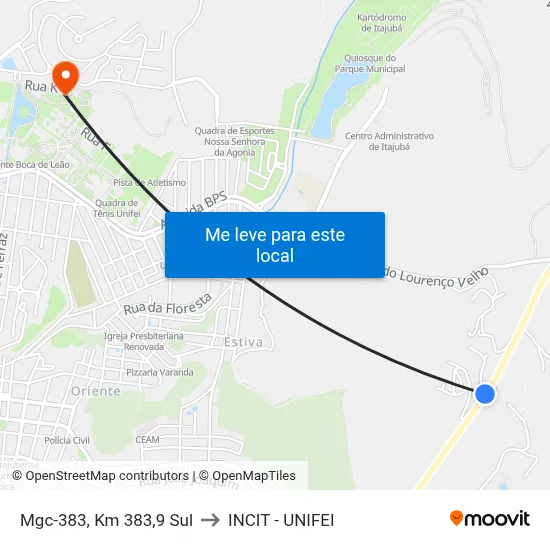 Mgc-383, Km 383,9 Sul to INCIT - UNIFEI map