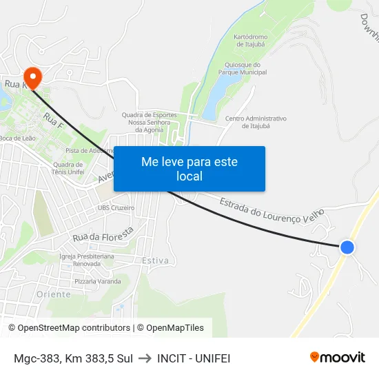 Mgc-383, Km 383,5 Sul to INCIT - UNIFEI map