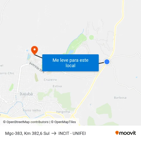 Mgc-383, Km 382,6 Sul to INCIT - UNIFEI map