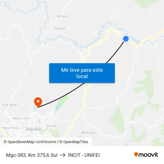 Mgc-383, Km 375,6 Sul to INCIT - UNIFEI map