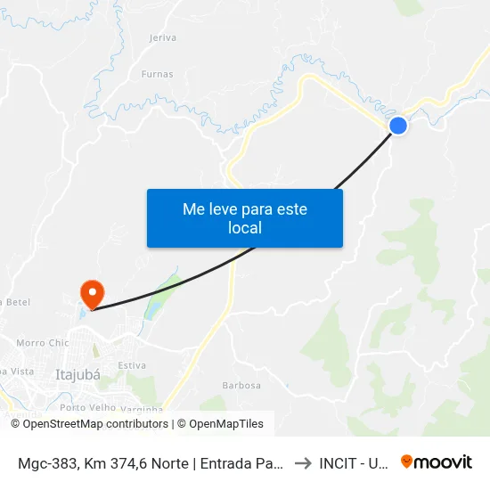 Mgc-383, Km 374,6 Norte | Entrada Para Rio Manso to INCIT - UNIFEI map