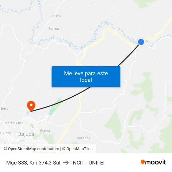 Mgc-383, Km 374,3 Sul to INCIT - UNIFEI map