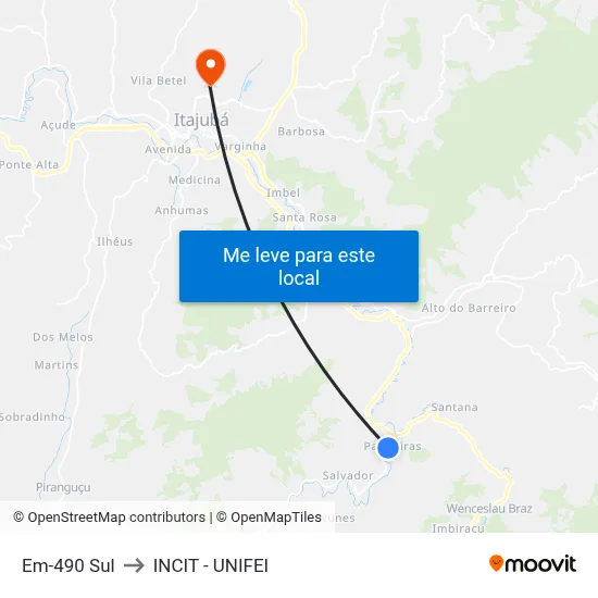 Em-490 Sul to INCIT - UNIFEI map
