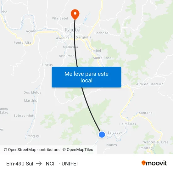 Em-490 Sul to INCIT - UNIFEI map