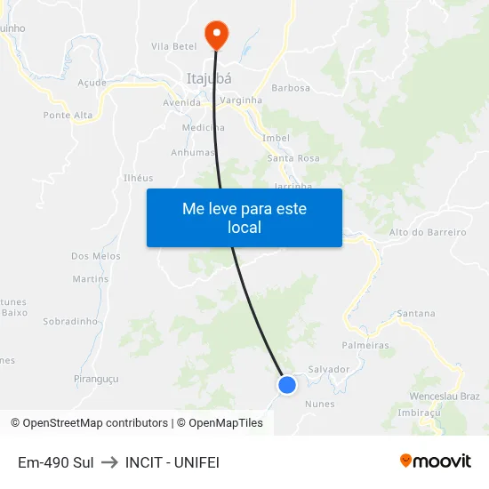 Em-490 Sul to INCIT - UNIFEI map