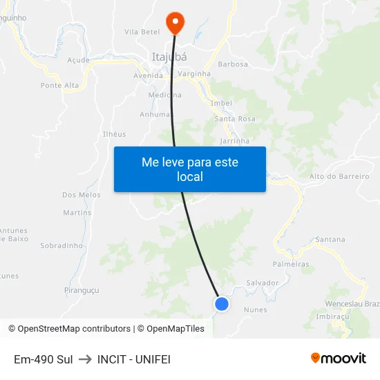 Em-490 Sul to INCIT - UNIFEI map