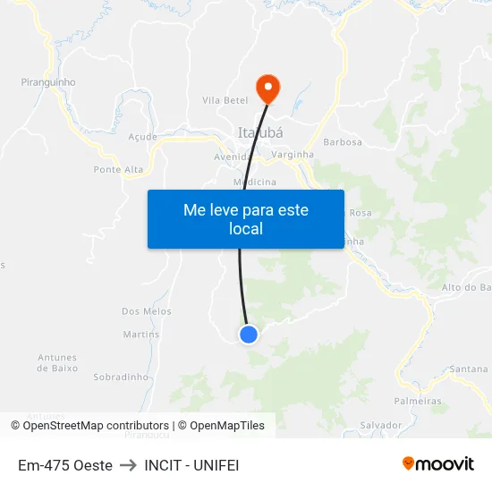 Em-475 Oeste to INCIT - UNIFEI map