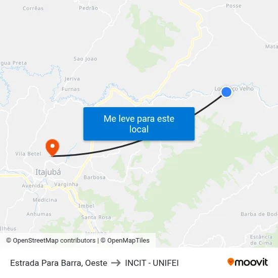 Estrada Para Barra, Oeste to INCIT - UNIFEI map