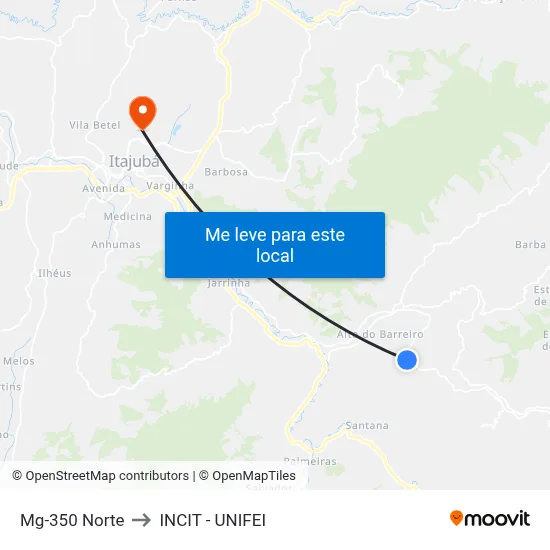 Mg-350 Norte to INCIT - UNIFEI map