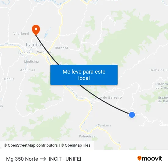 Mg-350 Norte to INCIT - UNIFEI map