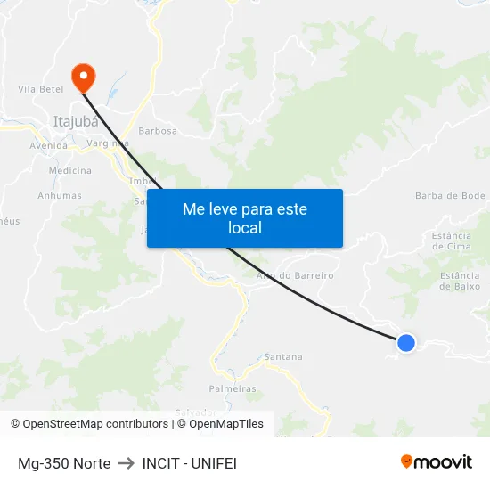 Mg-350 Norte to INCIT - UNIFEI map