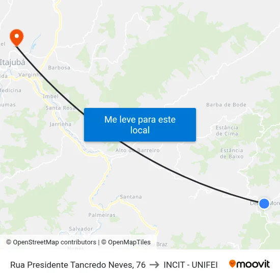 Rua Presidente Tancredo Neves, 76 to INCIT - UNIFEI map
