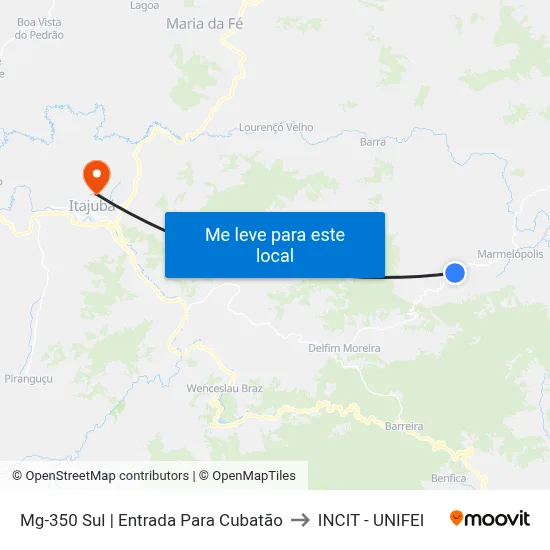 Mg-350 Sul | Entrada Para Cubatão to INCIT - UNIFEI map