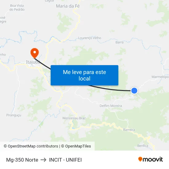 Mg-350 Norte to INCIT - UNIFEI map