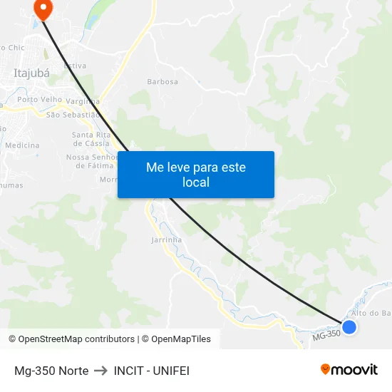 Mg-350 Norte to INCIT - UNIFEI map