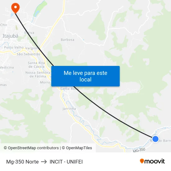 Mg-350 Norte to INCIT - UNIFEI map