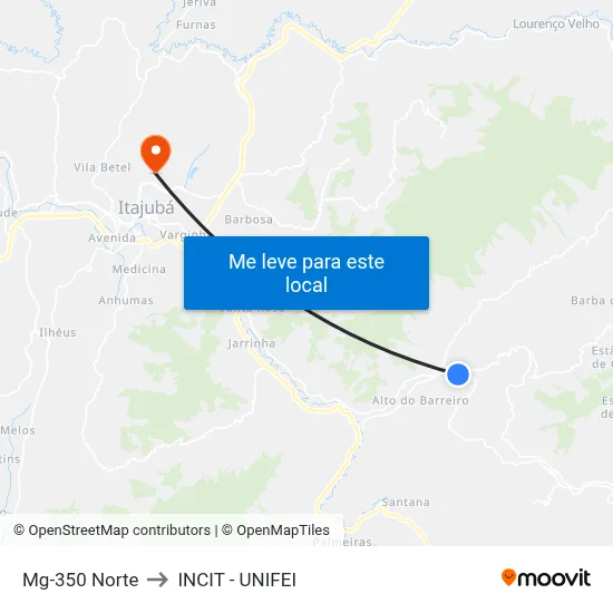 Mg-350 Norte to INCIT - UNIFEI map
