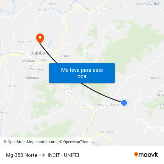 Mg-350 Norte to INCIT - UNIFEI map