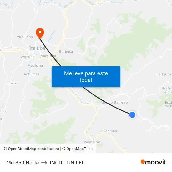 Mg-350 Norte to INCIT - UNIFEI map