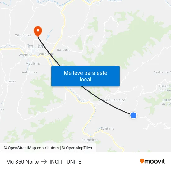 Mg-350 Norte to INCIT - UNIFEI map