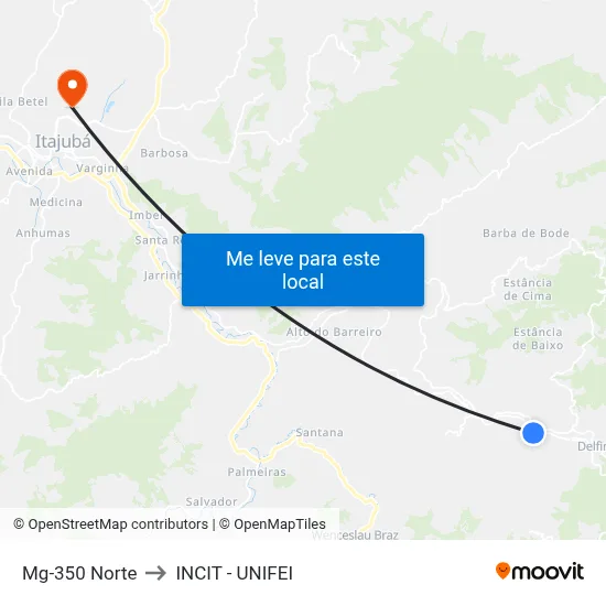 Mg-350 Norte to INCIT - UNIFEI map