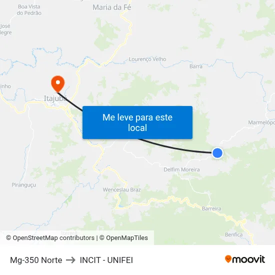 Mg-350 Norte to INCIT - UNIFEI map