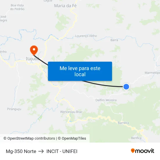 Mg-350 Norte to INCIT - UNIFEI map