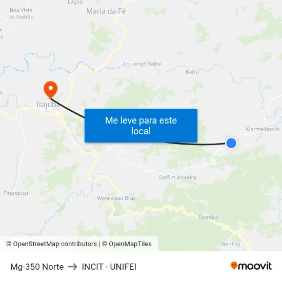Mg-350 Norte to INCIT - UNIFEI map