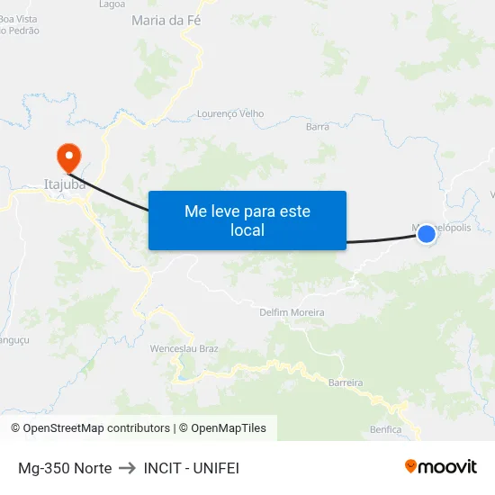 Mg-350 Norte to INCIT - UNIFEI map