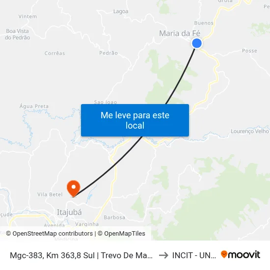 Mgc-383, Km 363,8 Sul | Trevo De Maria Da Fé to INCIT - UNIFEI map