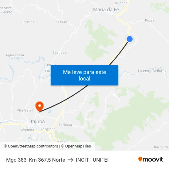 Mgc-383, Km 367,5 Norte to INCIT - UNIFEI map