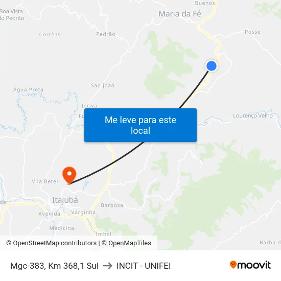 Mgc-383, Km 368,1 Sul to INCIT - UNIFEI map