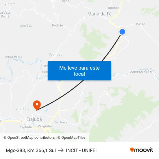 Mgc-383, Km 366,1 Sul to INCIT - UNIFEI map