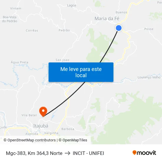 Mgc-383, Km 364,3 Norte to INCIT - UNIFEI map